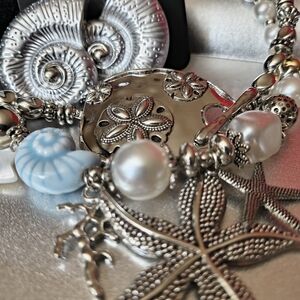 3 Pc Silver and Blue Beach  Scape Charm Necklace X2 Earrings
